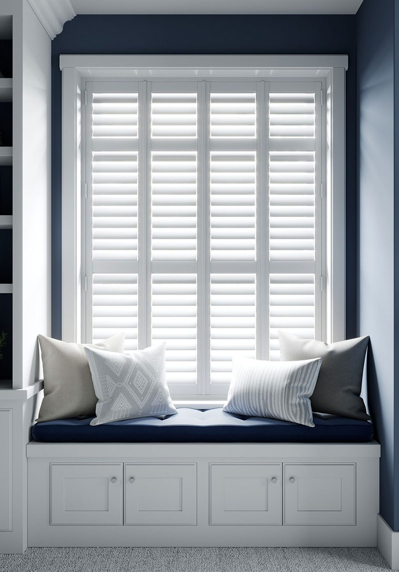 Bedroom with wooden blinds